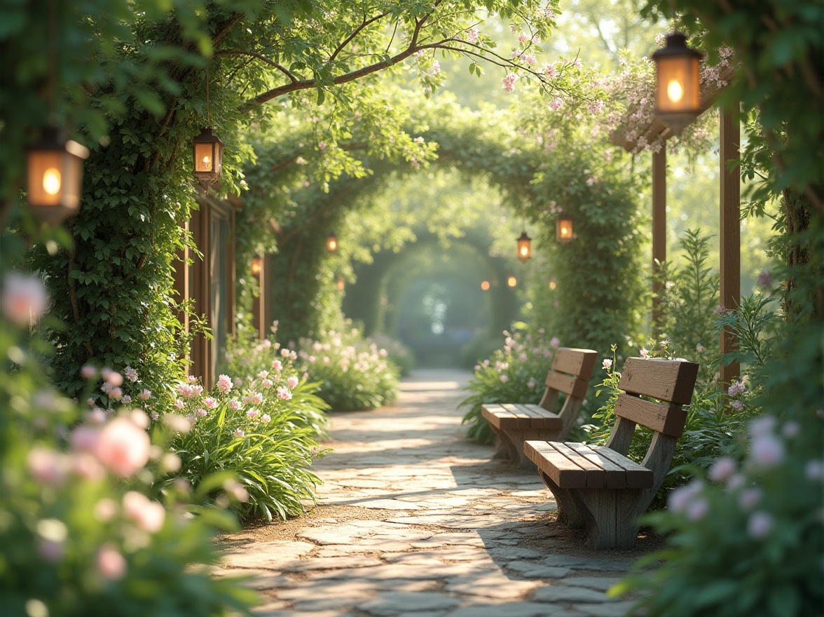 Prompt: Pastel-hued botanical garden, soft light green foliage, delicate petals, intricate leaf patterns, natural stone pathways, rustic wooden benches, whimsical lanterns, warm sunny afternoon, gentle dappled lighting, shallow depth of field, 1/1 composition, romantic atmosphere, realistic textures, ambient occlusion.