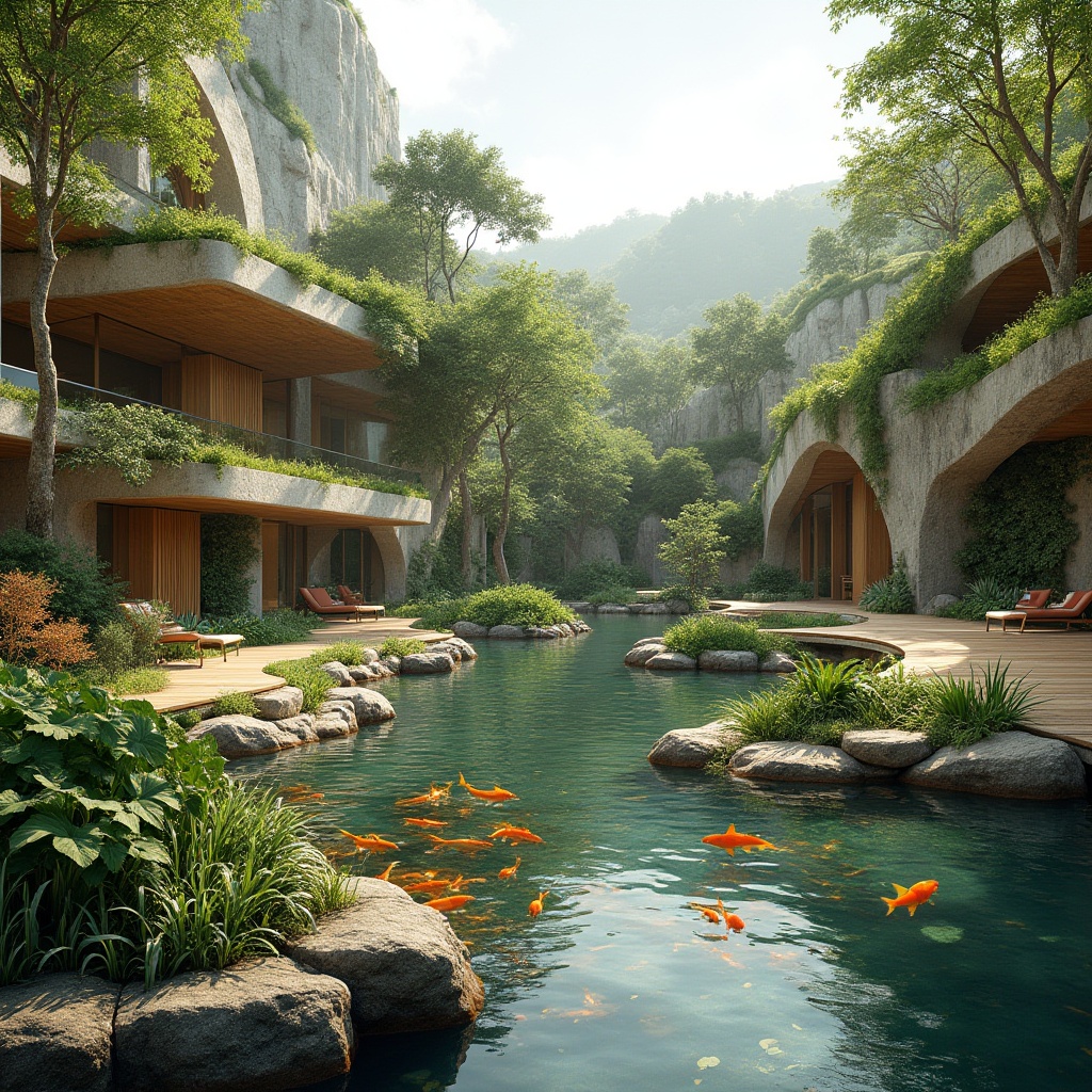 Prompt: Seamless landscape integration, organic architecture, curved lines, natural stone walls, green roofs, living walls, lush vegetation, serene water features, koi ponds, walking trails, wooden decks, panoramic views, warm sunny day, soft diffused lighting, 1/2 composition, cinematic framing, realistic textures, ambient occlusion, subtle color palette, earthy tones.