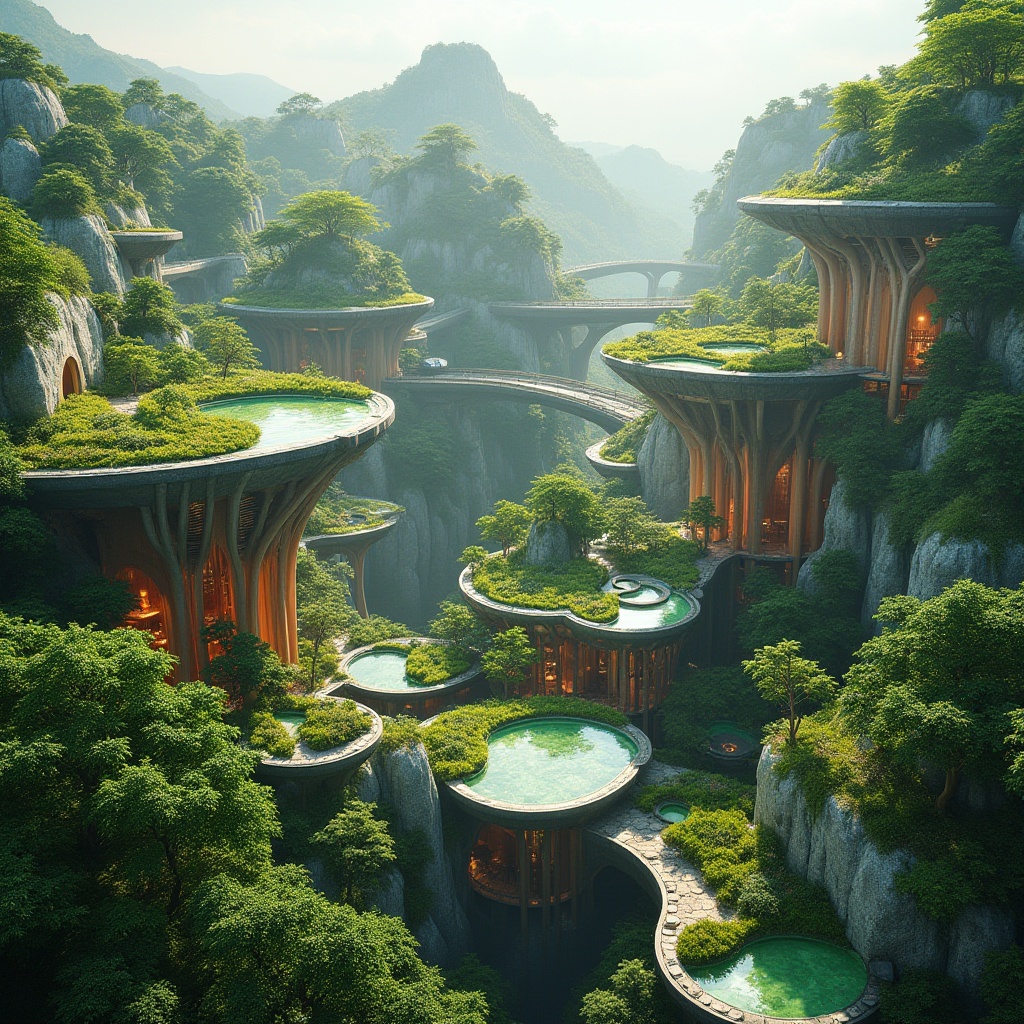 Prompt: Vibrant green roofs, lush vegetation, curvaceous lines, organic forms, futuristic materials, iridescent colors, bioluminescent accents, undulating terrain, winding water features, natural stone walls, reclaimed wood accents, cantilevered structures, panoramic views, shallow depth of field, 3/4 composition, soft warm lighting, misty atmosphere, eco-friendly infrastructure, sustainable energy systems, innovative waste management, futuristic transportation hubs, dynamic public art installations, interactive exhibits, immersive experiences.