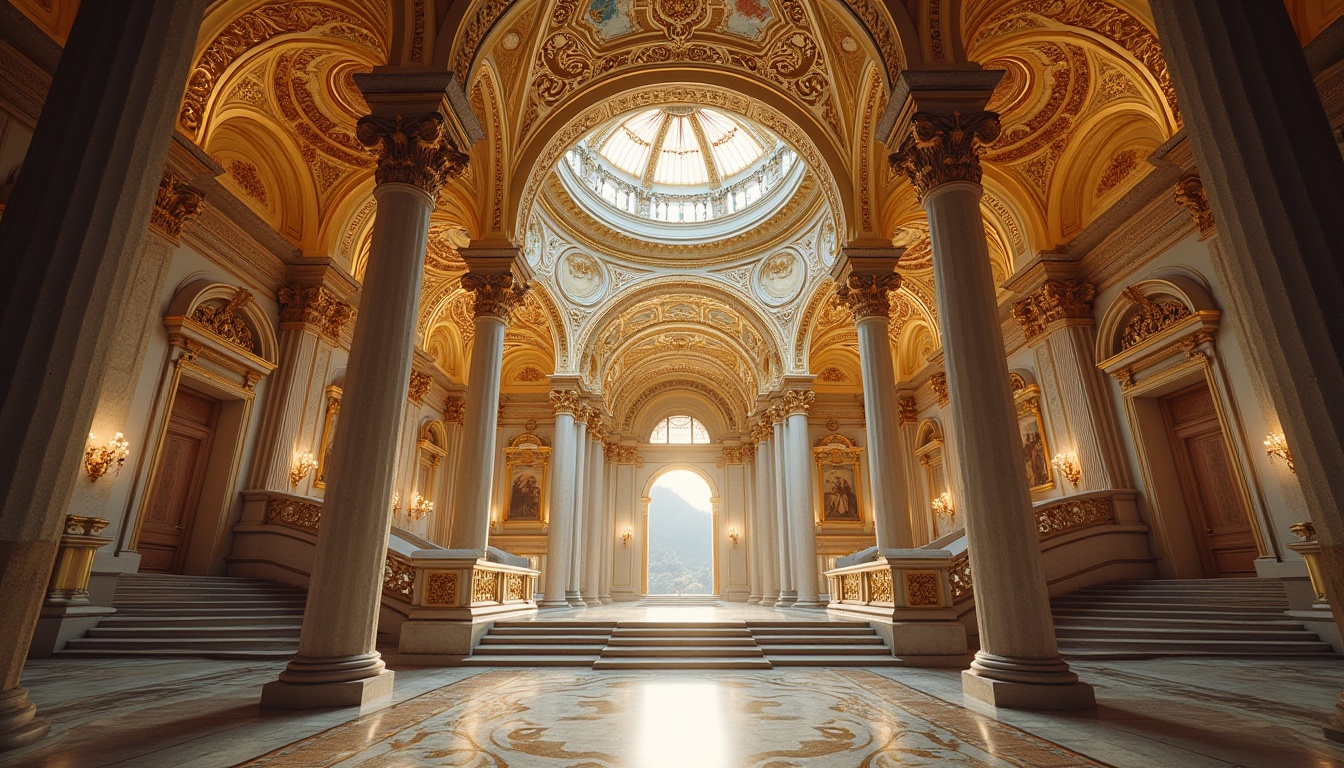 Prompt: Grandiose Baroque palace, ornate symmetrical fa\u00e7ade, majestic central dome, harmonious balance, intricately carved stone columns, gilded decorations, lavish frescoes, sweeping staircases, dramatic arches, perfect radial symmetry, imposing scale, classical proportions, subtle use of chiaroscuro, warm golden lighting, highly ornate details, richly textured marble, grand ceremonial spaces, regal atmosphere, precise geometrical calculations, awe-inspiring vistas, 1/2 composition, low-angle shot, high-contrast ratio.