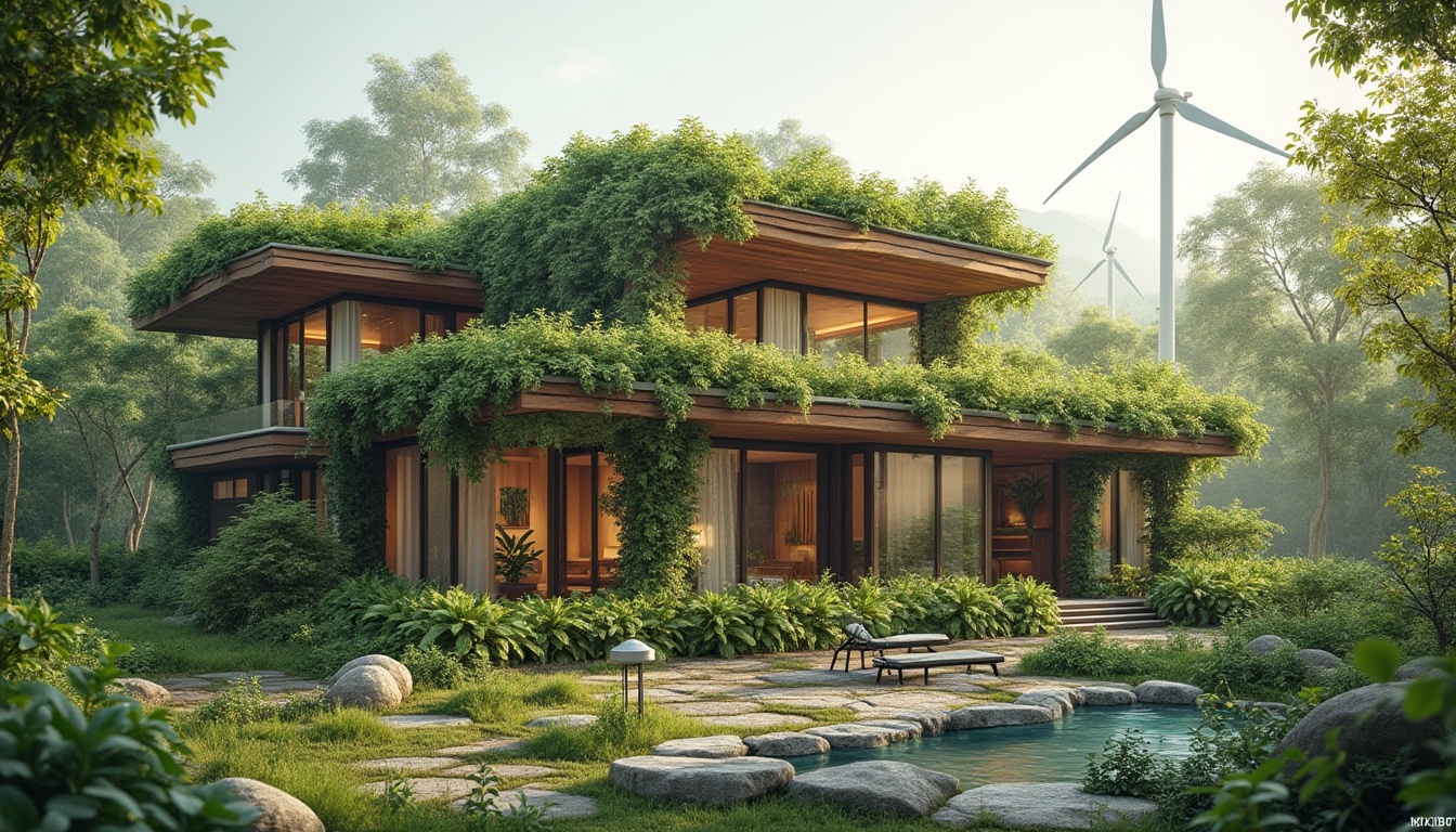 Prompt: Eco-friendly building, green roofs, solar panels, wind turbines, water conservation systems, recycled materials, low-carbon footprint, energy-efficient solutions, natural ventilation systems, passive design strategies, minimalist aesthetic, organic shapes, earthy tones, living walls, vertical gardens, rainwater harvesting, grey water reuse, composting toilets, bamboo flooring, reclaimed wood accents, large windows, clerestory lighting, soft natural illumination, 3/4 composition, atmospheric perspective, realistic textures, ambient occlusion.