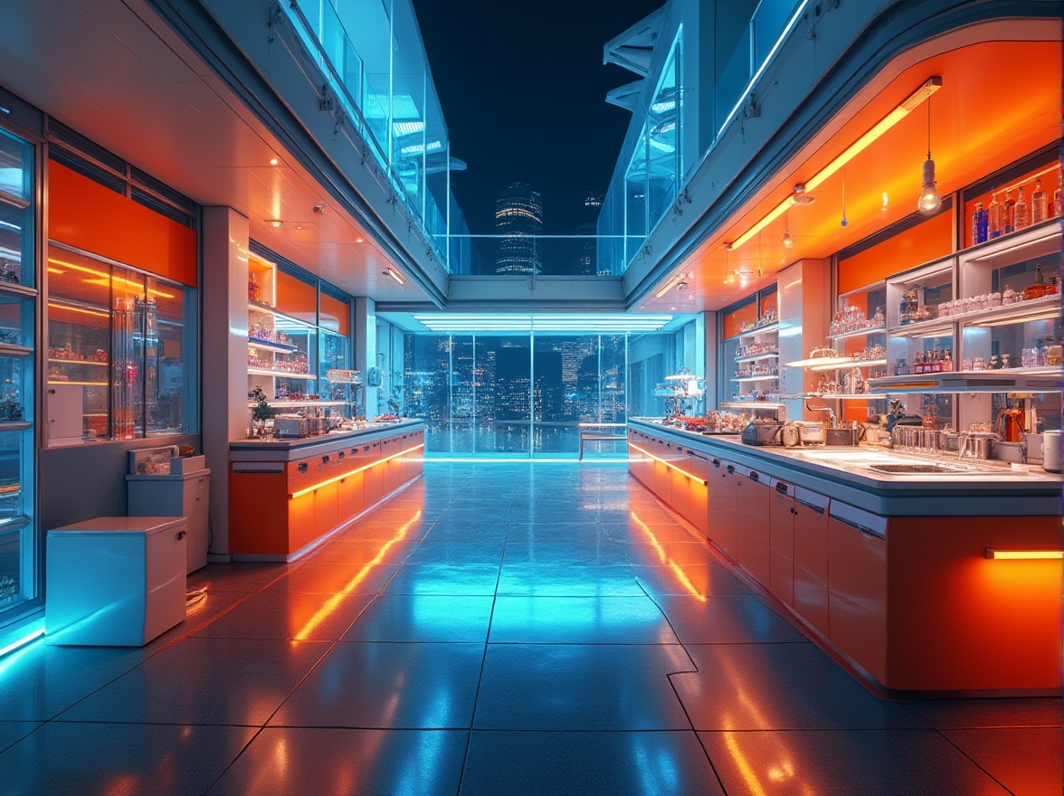 Prompt: Vibrant metabolism lab, neon-lit corridors, bold color blocking, energetic orange accents, deep blues, bright whites, metallic silver surfaces, sleek glass partitions, futuristic architecture, high-tech equipment, modern minimalist interiors, urban cityscape backdrop, dramatic nighttime lighting, shallow depth of field, 1/2 composition, realistic reflections, ambient occlusion.