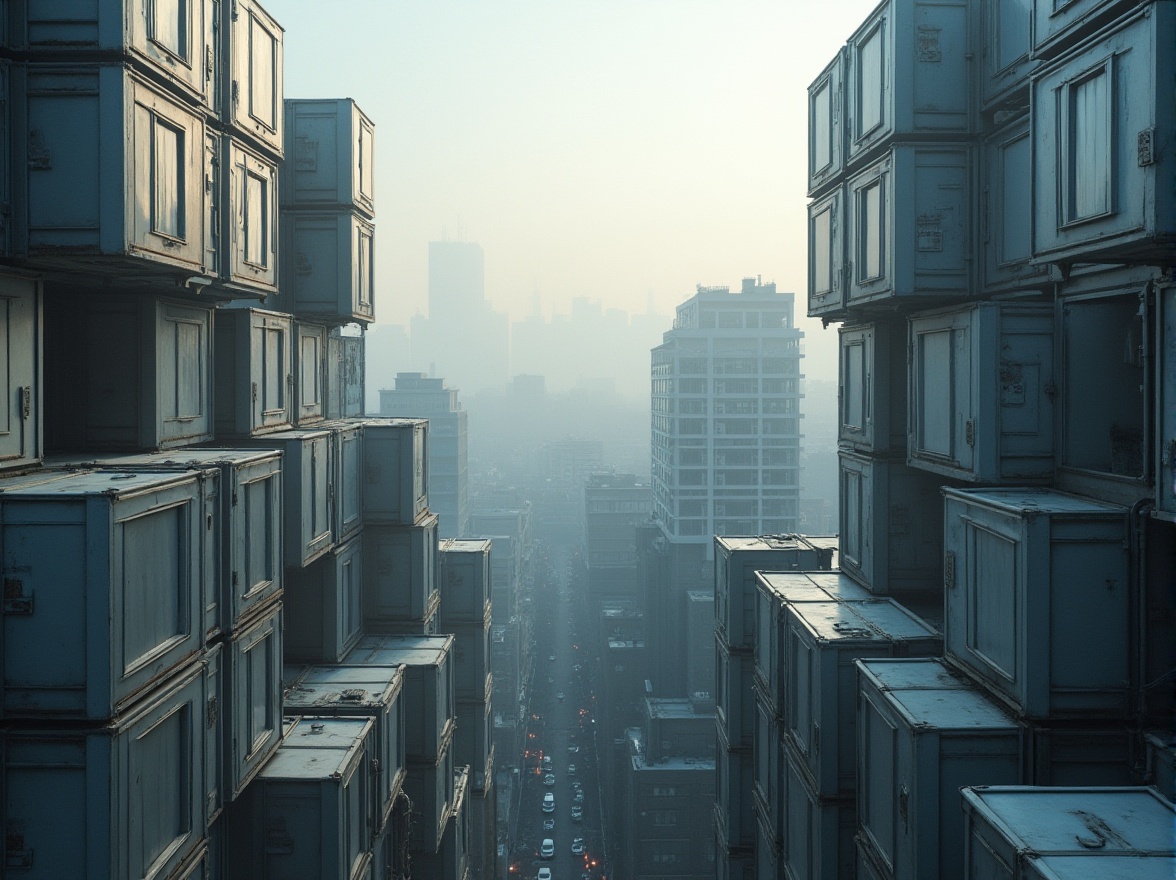 Prompt: Modular building blocks, interconnected structures, repetitive patterns, industrial materials, exposed ductwork, functional simplicity, urban landscape, city skyline, morning fog, soft diffused lighting, shallow depth of field, 1/1 composition, symmetrical framing, realistic textures, ambient occlusion.