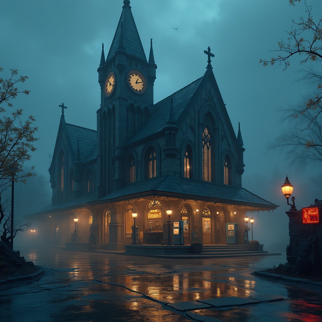 Prompt: Gothic-inspired gas station, ornate stone carvings, pointed arches, ribbed vaults, flying buttresses, grandiose entrance, intricate gargoyles, mysterious lanterns, medieval-style clock tower, dramatic nighttime lighting, misty atmosphere, dense fog, industrial-grade metal framework, reinforced concrete structure, avant-garde futuristic elements, neon-lit signage, bold color scheme, sharp angular lines, geometric patterns, high-contrast textures, cinematic composition, shallow depth of field, 1/2 format ratio.