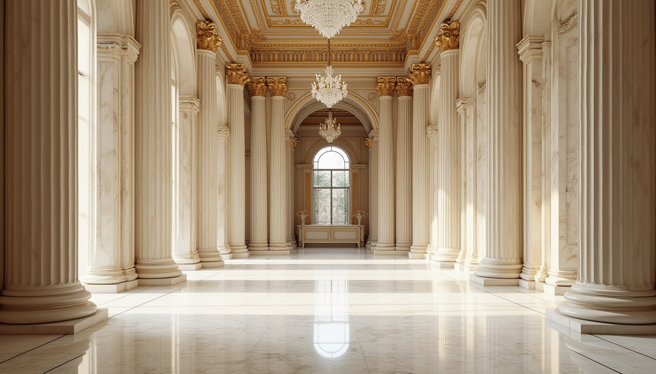 Prompt: Grandiose neoclassical facade, ornate stone carvings, creamy white marble columns, richly patterned granite floors, intricate moldings, gilded details, luxurious velvet drapes, crystal chandeliers, high ceilings, symmetrical compositions, classic proportions, subtle color palette, natural stone textures, ornamental metalwork, decorative cornices, refined wooden paneling, elegant furnishings, warm soft lighting, shallow depth of field, 1/1 composition, realistic reflections.