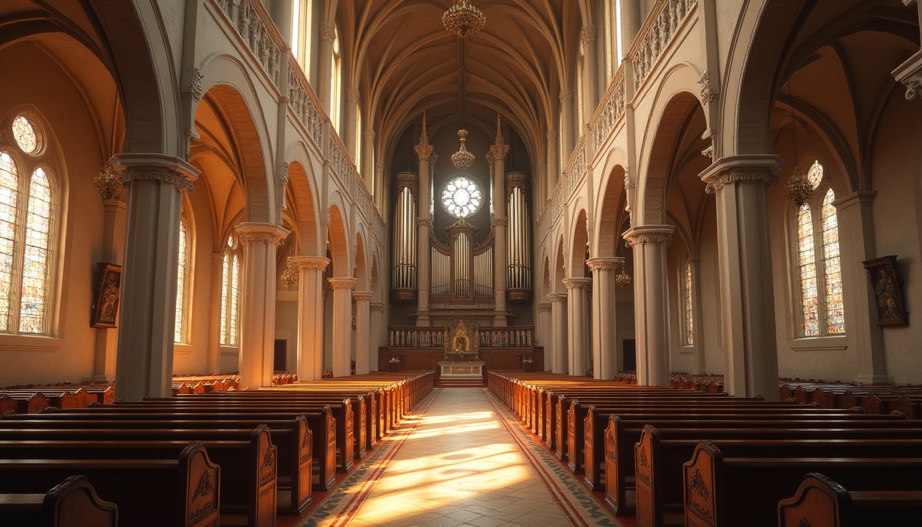 Prompt: Vaulted ceilings, stained glass windows, ornate chandeliers, grandiose archways, soft warm lighting, natural stone floors, wooden pews, elegant aisle runners, intricately carved altars, majestic pipe organs, serene atmosphere, indirect sunlight, clerestory windows, high ceilings, minimalist decorations, subtle color palette, ambient shadows, soft focus, 1/1 composition, symmetrical balance, harmonious textures.