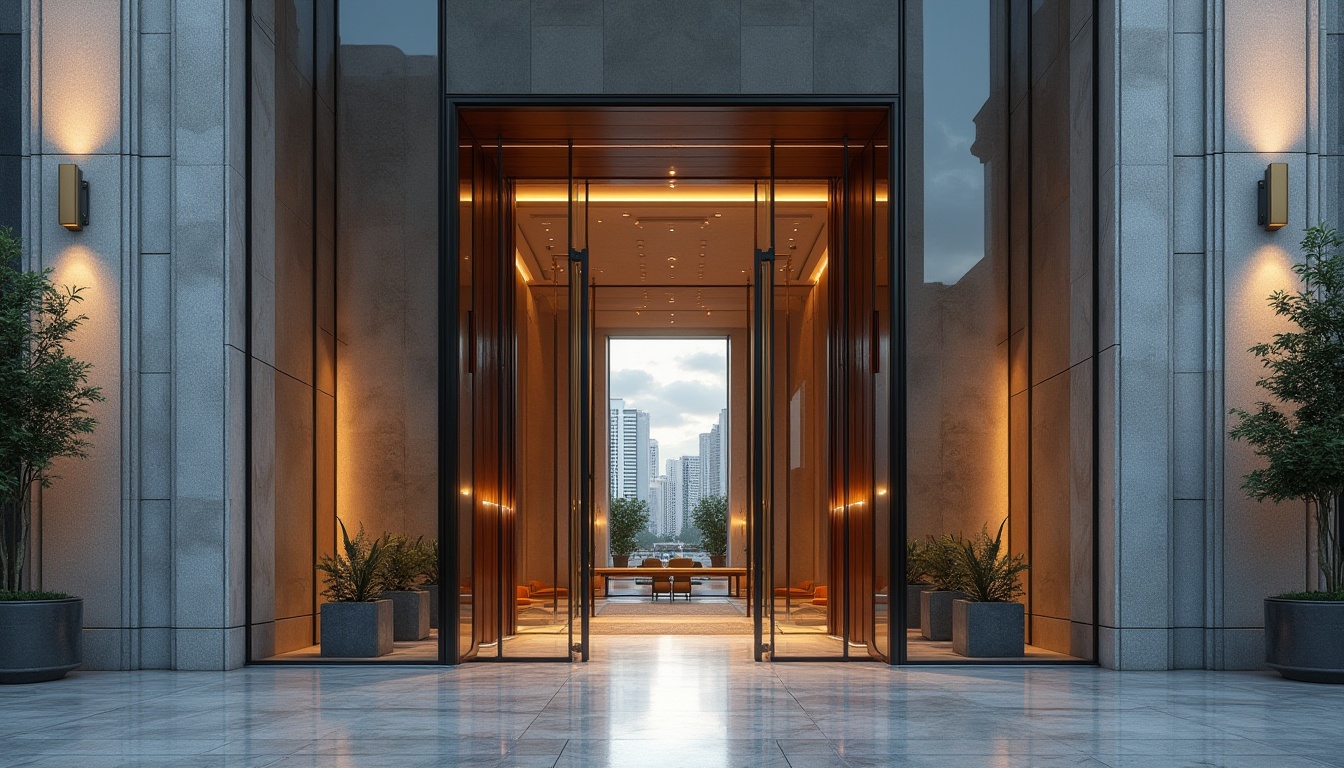 Prompt: Grand entrance, sleek glass doors, modern metallic frames, elegant stone walls, sophisticated lighting fixtures, luxurious materials, intricate architectural details, ornate carvings, refined minimalist style, harmonious color palette, balanced composition, symmetrical design, dramatic archways, imposing columns, majestic building scale, urban cityscape, cloudy blue sky, warm afternoon sunlight, shallow depth of field, 1/2 composition.