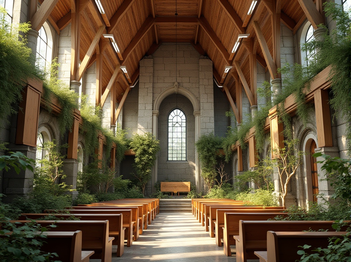 Prompt: Eco-friendly church architecture, rustic wooden beams, reclaimed wood accents, living green roofs, solar panels, wind turbines, rainwater harvesting systems, natural stone fa\u00e7ades, earthy color palette, organic textures, stained glass windows, serene ambiance, soft warm lighting, shallow depth of field, 3/4 composition, realistic renderings, ambient occlusion.