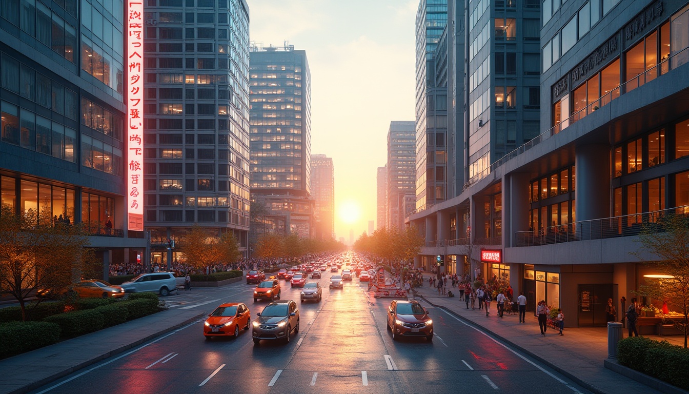 Prompt: Vibrant urban landscape, sleek skyscrapers, modern architectural design, glass and steel buildings, concrete textures, metallic accents, neon lights, busy streets, dynamic city life, warm golden hour lighting, shallow depth of field, 3/4 composition, panoramic view, realistic reflections, ambient occlusion, bold color blocking, contrasting hues, harmonious palette, rich materiality, cohesive visual identity.