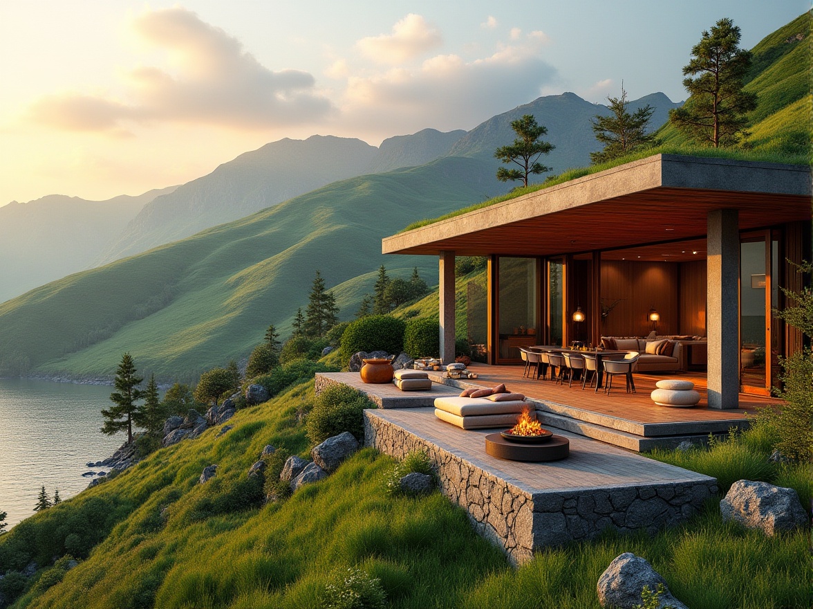 Prompt: Rolling hills, lush green meadows, serene lakeside, natural stone walls, wooden decks, modern minimalist architecture, cantilevered roofs, floor-to-ceiling windows, sliding glass doors, outdoor living spaces, cozy fire pits, vibrant flora, eclectic furniture, earthy color palette, warm sunset lighting, shallow depth of field, 3/4 composition, panoramic view, realistic textures, ambient occlusion.