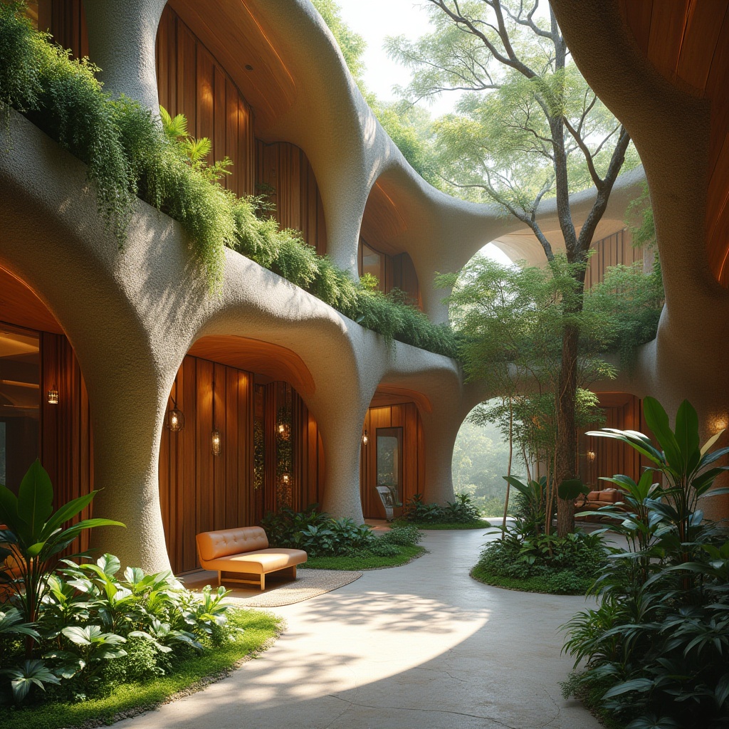 Prompt: Organic forms, undulating curves, earthy tones, reclaimed wood accents, living walls, green roofs, natural ventilation systems, solar panels, rainwater harvesting systems, grey water reuse systems, composting facilities, recycling centers, minimal waste management, bamboo flooring, low-VOC paints, FSC-certified materials, exposed concrete structures, industrial chic aesthetic, abundant natural light, soft diffused lighting, 3/4 composition, symmetrical framing, serene atmosphere, eco-friendly ambiance.