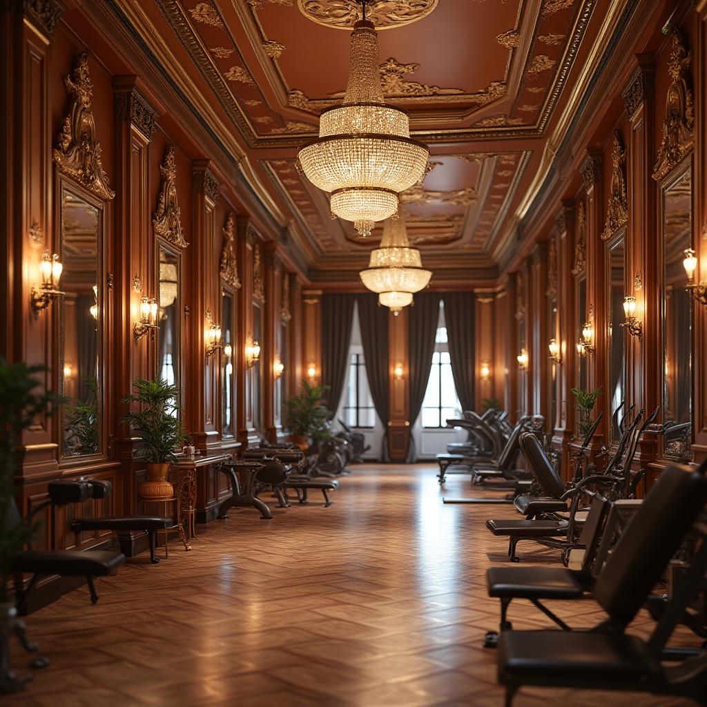 Prompt: Luxurious fitness club, ornate mirrors, grand chandeliers, rich wood flooring, velvet drapes, opulent furnishings, gilded accents, intricate moldings, high ceilings, crystal sconces, lavish locker rooms, spa-inspired amenities, state-of-the-art equipment, free weights, cardio machines, strength training areas, yoga studios, Pilates reformers, dynamic lighting systems, warm color schemes, soft background music, 1/2 composition, shallow depth of field, realistic textures, ambient occlusion.