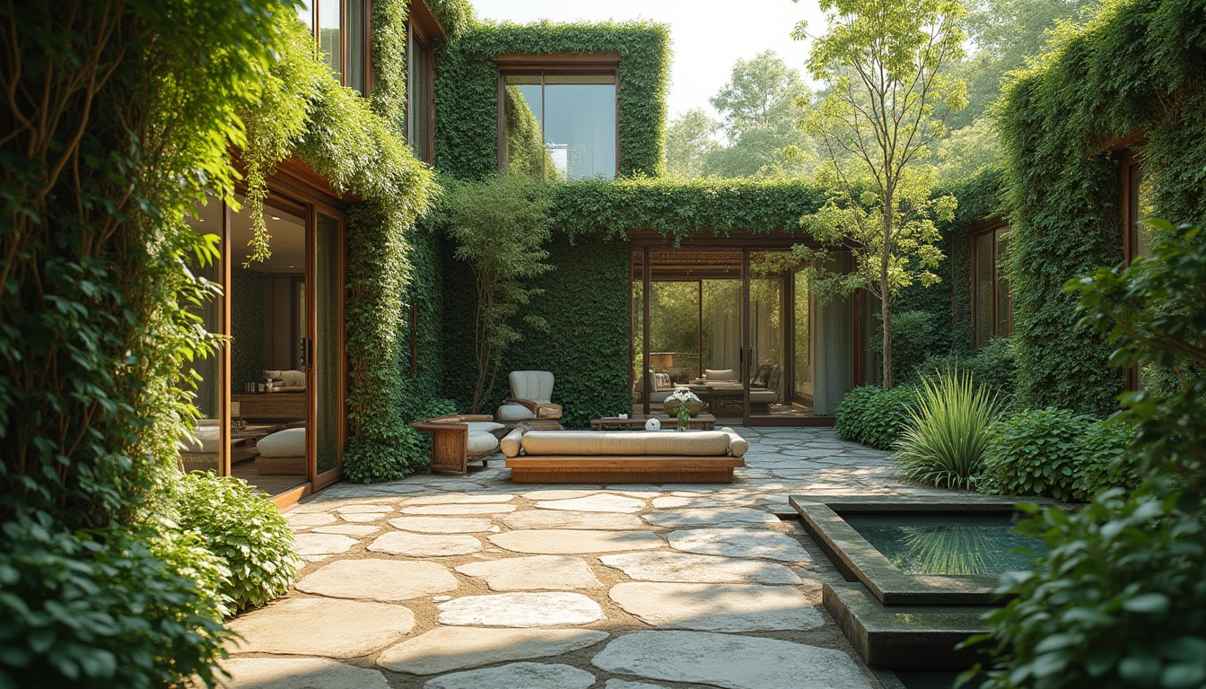 Prompt: Lush green walls, living roofs, natural stone flooring, reclaimed wood accents, organic shapes, earthy color palette, abundant natural light, large windows, sliding glass doors, verdant courtyards, water features, rainwater harvesting systems, eco-friendly materials, bamboo textures, woven fibers, botanical prints, nature-inspired patterns, airy atmosphere, soft warm lighting, shallow depth of field, 3/4 composition, panoramic view, realistic textures, ambient occlusion.