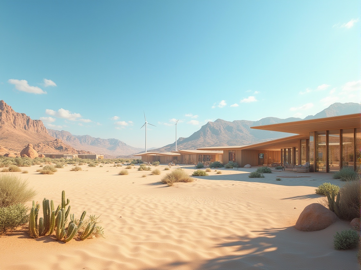 Prompt: Desert landscape, sandy dunes, cactus plants, hot sunny day, clear blue sky, vast open space, modern desert architecture, angular lines, minimalist design, sustainable energy solutions, solar panels, wind turbines, water conservation systems, green roofs, eco-friendly materials, innovative cooling technologies, shaded outdoor spaces, misting systems, xeriscaping, drought-tolerant plants, rock formations, desert flora, educational signs, interactive exhibits, observation decks, panoramic views, warm natural lighting, shallow depth of field, 3/4 composition.