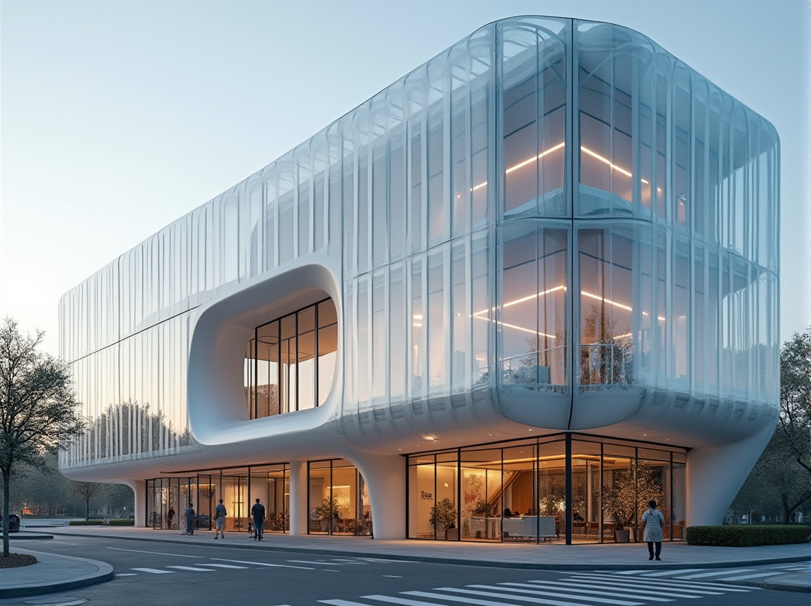 Prompt: Modern polycarbonate building facade, transparent walls, curved lines, futuristic design, sleek metal frames, high-performance insulation, energy-efficient systems, sustainable architecture, urban landscape, cityscape, afternoon sunlight, soft shadows, shallow depth of field, 1/2 composition, realistic reflections, ambient occlusion.