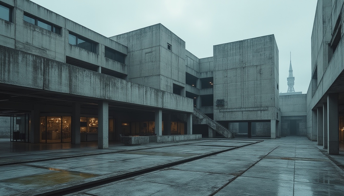 Prompt: Rugged research center, brutalist architecture, raw concrete fa\u00e7ade, geometric patterns, industrial materials, minimalist details, urban surroundings, modern cityscape, overcast sky, dramatic lighting, high contrast ratio, 1/2 composition, moody atmosphere, realistic textures, ambient occlusion, futuristic laboratories, innovative scientific equipment, sleek metallic accents, bold color schemes, abstract artistic installations.Please let me know if this meets your requirements!