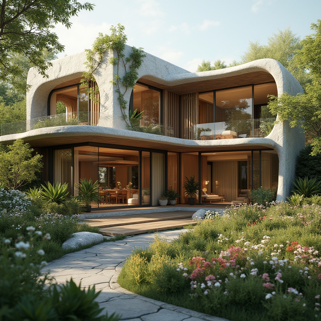 Prompt: Harmonious building facade, seamless integration with natural surroundings, lush greenery, vibrant flowers, wooden accents, earthy tones, organic shapes, curved lines, minimalist design, large windows, sliding glass doors, blurring indoor-outdoor boundaries, warm soft lighting, shallow depth of field, 1/2 composition, panoramic view, realistic textures, ambient occlusion.