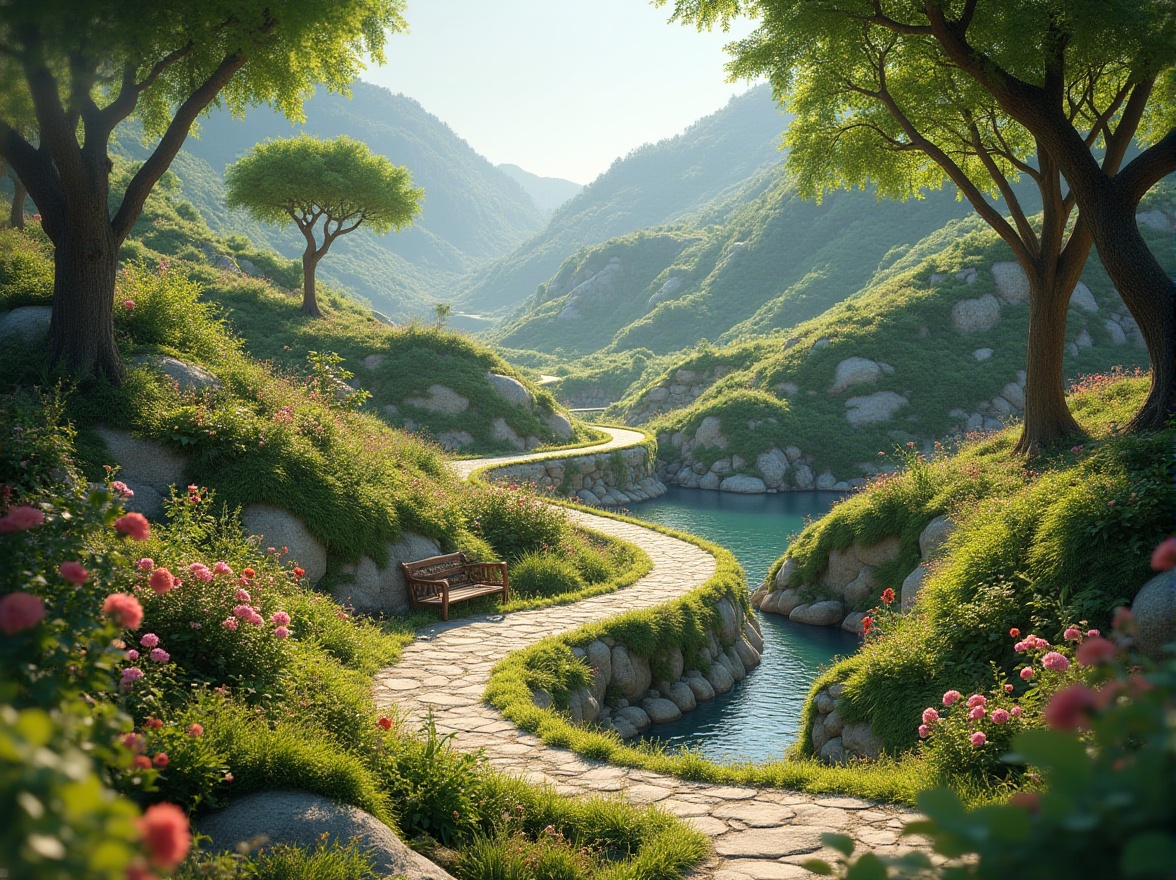 Prompt: Sweeping hills, lush greenery, natural stone walls, meandering pathways, vibrant flowers, towering trees, serene water features, rustic wooden benches, organic curves, earthy tones, warm sunny day, soft diffused lighting, shallow depth of field, 3/4 composition, panoramic view, realistic textures, ambient occlusion.