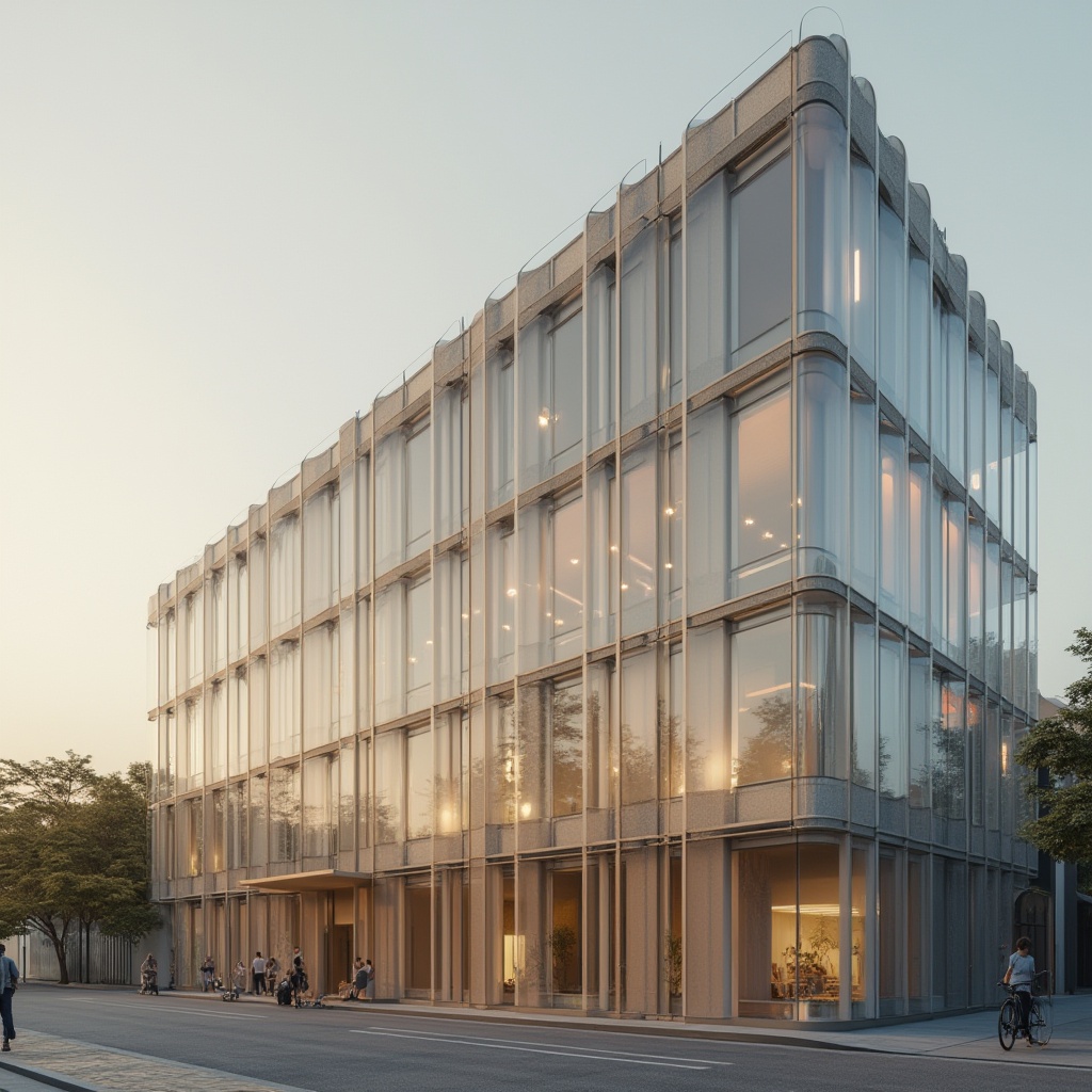 Prompt: Elegant building exterior, translucent glass facades, subtle gradient effects, soft diffused light, minimalist architecture, sleek metallic frames, refined urban landscape, morning misty atmosphere, warm golden lighting, shallow depth of field, 2/3 composition, realistic reflections, ambient occlusion.