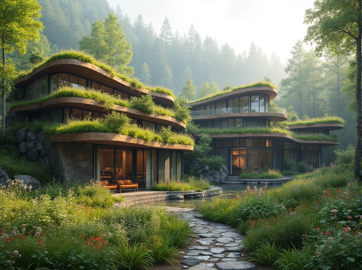 Prompt: Harmonious landscape integration, lush green roofs, native plant species, living walls, natural stone facades, curved wooden buildings, organic architecture, seamless transitions, blurred boundaries, ecological balance, sustainable design, renewable energy systems, solar panels, wind turbines, rainwater harvesting, grey water reuse, eco-friendly materials, weathered steel accents, reclaimed wood features, vibrant wildflowers, serene forest surroundings, misty mornings, soft diffused lighting, atmospheric perspective, 1/2 composition, realistic textures, ambient occlusion.