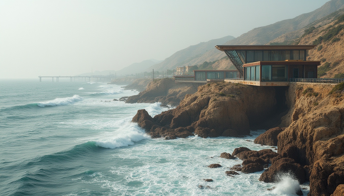 Prompt: Rugged coastline, crashing waves, salty sea air, weathered steel structures, rusty metal accents, industrial piers, modern coastal architecture, cantilevered roofs, glass facades, minimalist design, ocean-inspired color palette, sandy beige tones, misty morning light, shallow depth of field, 2/3 composition, dramatic shadows, realistic textures, ambient occlusion.