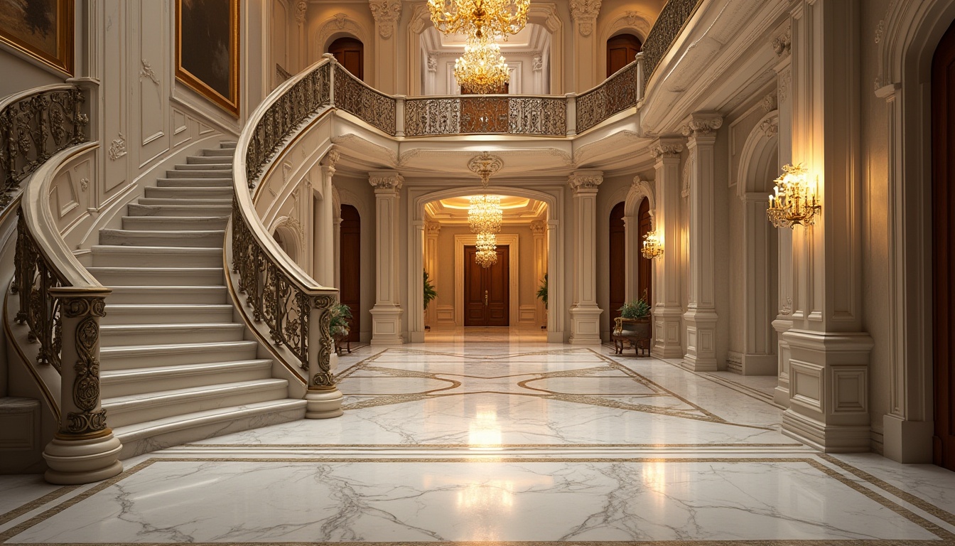 Prompt: Intricate stone carvings, ornate metalwork, luxurious marble floors, grand staircases, ornamental railings, lavish chandeliers, sophisticated molding details, refined wood accents, elegant door handles, precision-cut glass panels, subtle LED lighting, warm neutral color palette, soft focus photography, shallow depth of field, 1/2 composition, atmospheric perspective.