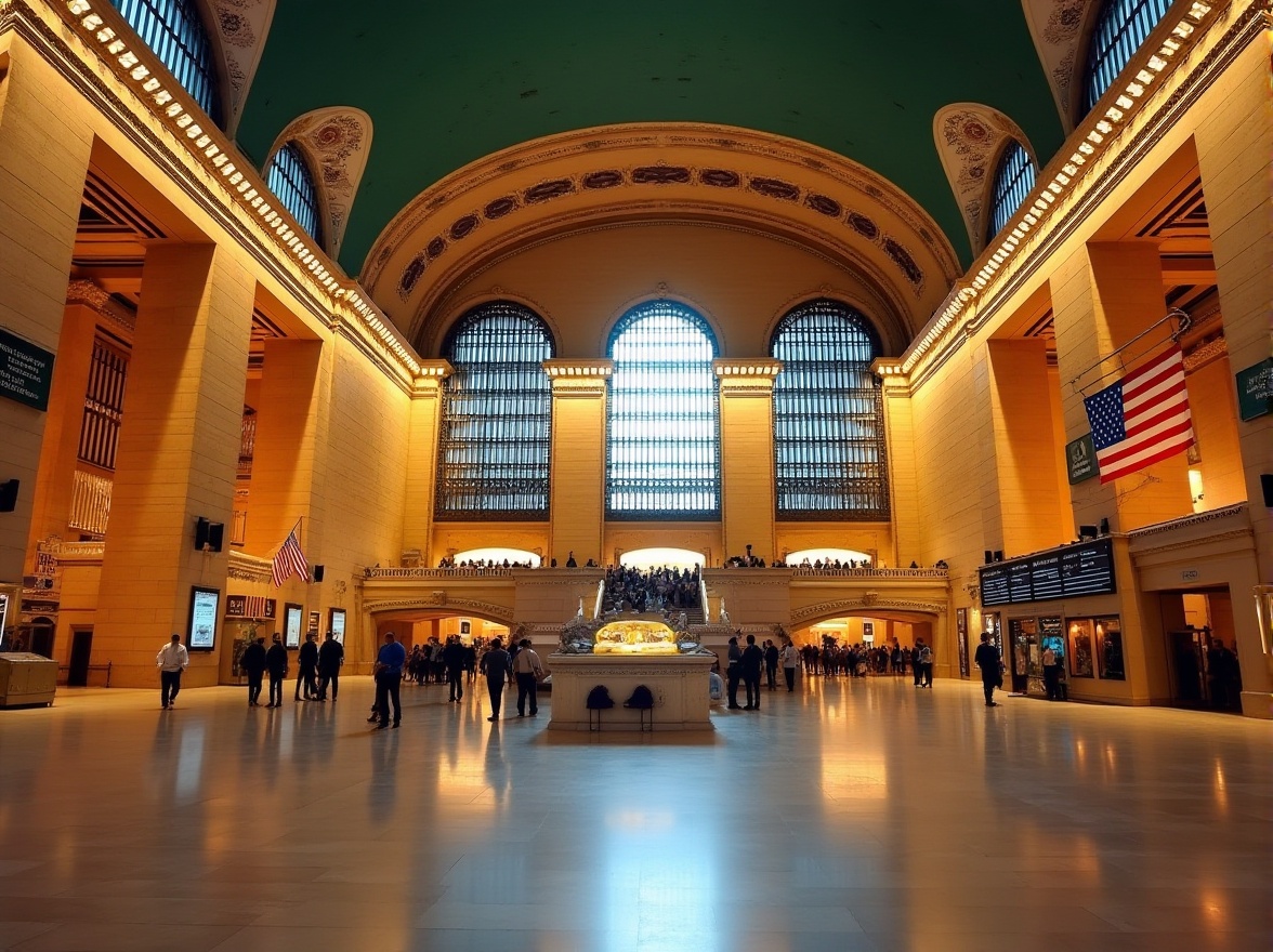 Prompt: Grandiose train station, symmetrical fa\u00e7ade, Corinthian columns, ornate detailing, vaulted ceilings, marble floors, elegant chandeliers, spacious atriums, sweeping staircases, majestic clock towers, intricate mosaics, subtle arches, refined proportions, classical motifs, soft warm lighting, shallow depth of field, 1/2 composition, realistic textures, ambient occlusion.