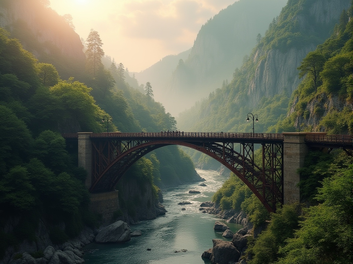 Prompt: Rustic steel bridges, meandering rivers, lush green forests, misty valleys, rugged rock formations, winding hiking trails, scenic overlooks, natural stone piers, wooden railings, suspension cables, lantern-style lighting, warm golden hour, soft focus, shallow depth of field, 2/3 composition, atmospheric perspective, realistic water effects, ambient occlusion.