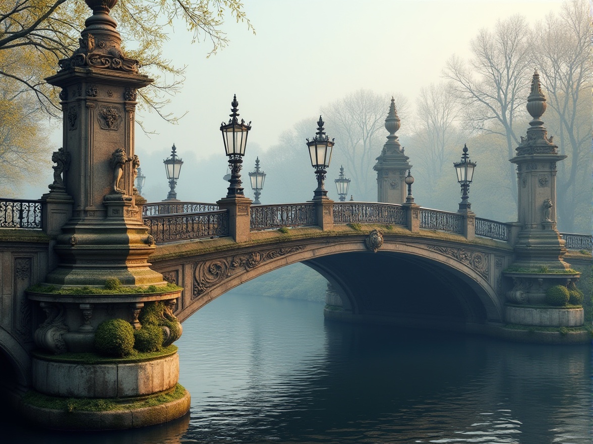 Prompt: Elegant bridge structure, ornate metal railings, decorative stone carvings, neoclassical arches, grandiose columns, intricately designed lamp posts, ornamental ironwork, symmetrical composition, refined stonework, rustic stone textures, moss-covered surfaces, serene river views, soft morning light, subtle mist effects, 1/1 composition, shallow depth of field, realistic reflections, ambient occlusion.