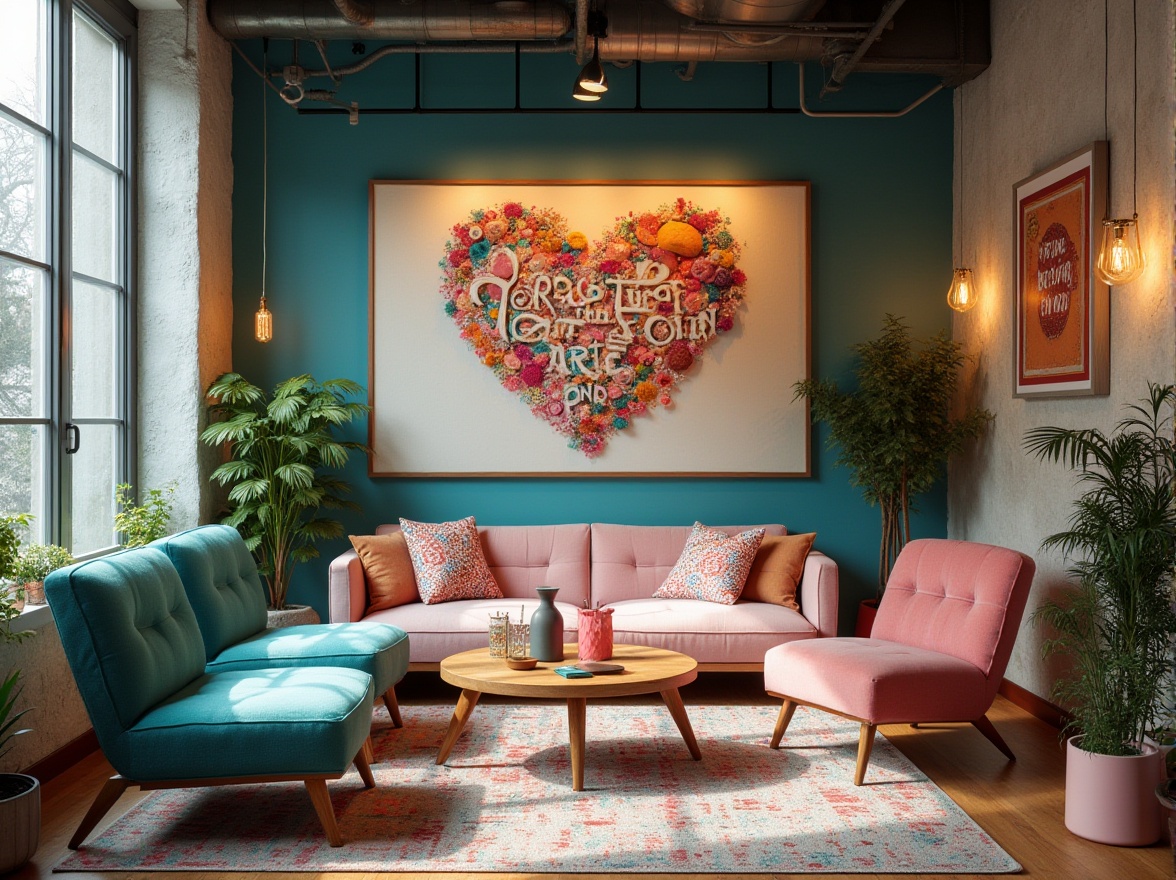 Prompt: Vibrant design studio, modern abstract art, bold typography, eclectic furniture, pastel pink accents, deep turquoise walls, natural wood textures, industrial metal fixtures, soft warm lighting, dramatic shadows, 1/1 composition, intimate atmosphere, bohemian-inspired decor, whimsical patterns, luxurious fabrics, rich jewel tones, subtle gradient effects, atmospheric misting.