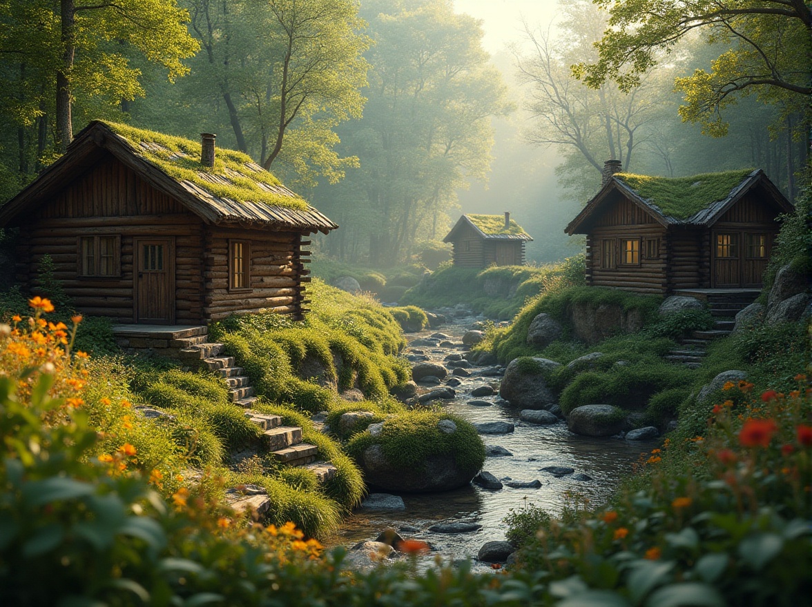 Prompt: Rustic wooden cabins, lush green forest, winding streams, natural stone pathways, moss-covered rocks, vibrant wildflowers, misty morning atmosphere, warm golden lighting, shallow depth of field, 1/2 composition, intimate panoramic view, realistic tree textures, ambient occlusion, organic architecture, earthy color palette, natural ventilation systems, living roofs, eco-friendly building materials, subtle water features.