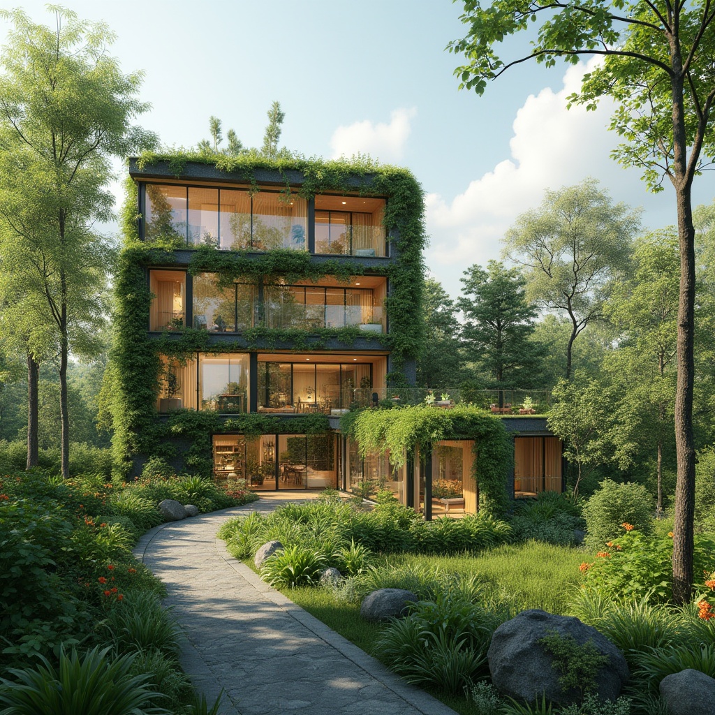 Prompt: Eco-friendly building, green roofs, living walls, solar panels, wind turbines, rainwater harvesting systems, natural ventilation, large windows, glass facades, minimal carbon footprint, sustainable materials, recycled wood, low VOC paints, organic gardens, urban agriculture, green corridors, wildlife habitats, natural light, soft shadows, shallow depth of field, 1/1 composition, realistic textures, ambient occlusion.Please let me know if this meets your requirements.