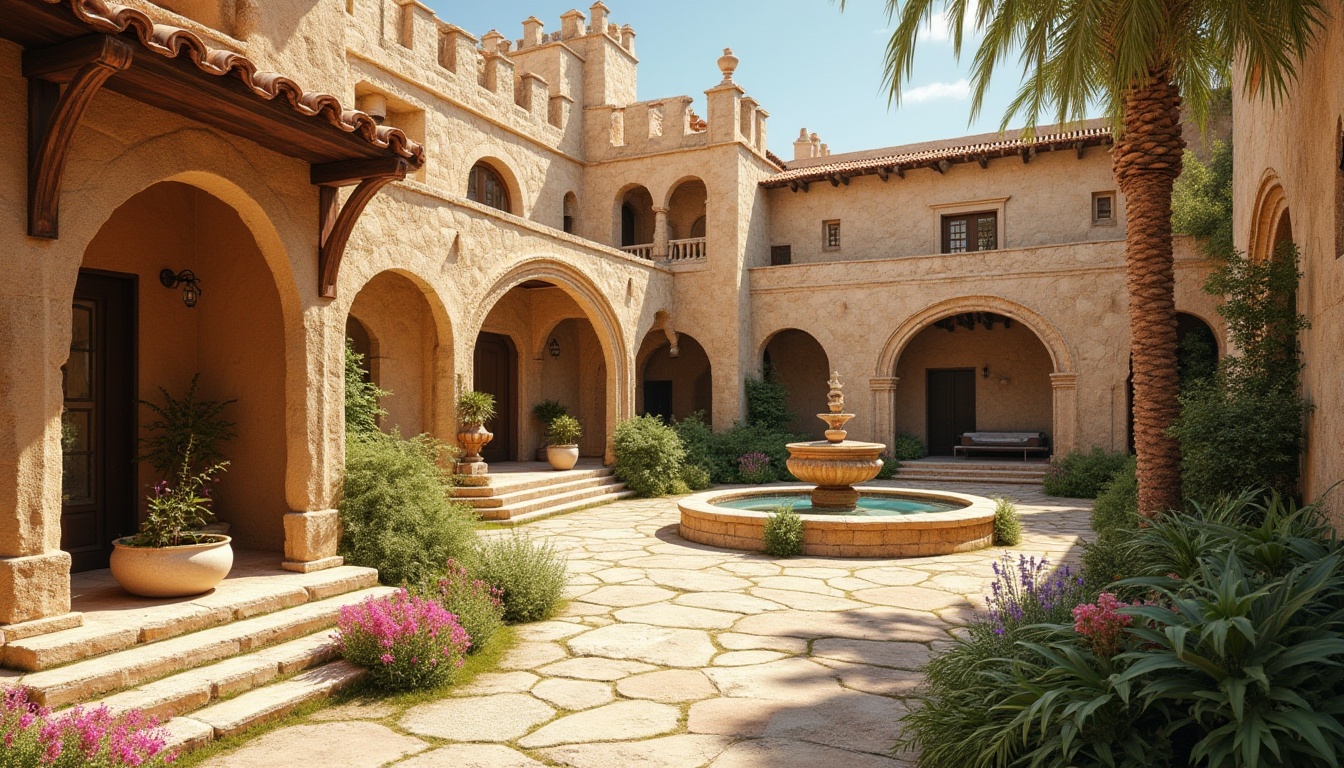 Prompt: Natural sandstone walls, earthy tones, coarse textures, organic patterns, rustic charm, warm beige colors, Mediterranean architecture, Spanish-inspired design, ornate carvings, grand entranceways, ornamental fountains, lush greenery, vibrant flowers, sun-kissed courtyard, soft warm lighting, shallow depth of field, 3/4 composition, panoramic view, realistic textures, ambient occlusion.