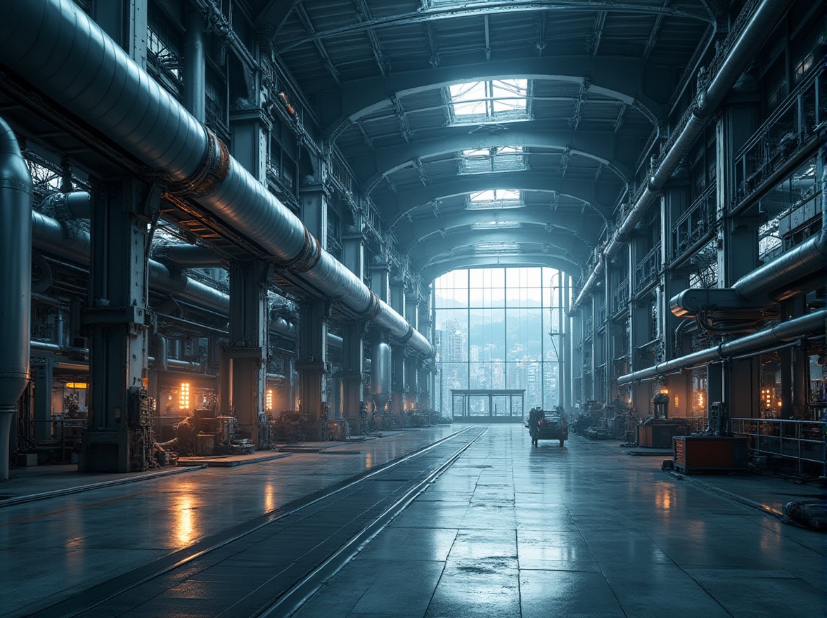 Prompt: Futuristic factory interior, industrial machinery, metallic catwalks, exposed ductwork, neon lighting, sleek steel beams, polished concrete floors, minimalist decor, high ceilings, large windows, urban landscape views, cityscape backdrops, moody atmospheric lighting, shallow depth of field, 3/4 composition, panoramic view, realistic textures, ambient occlusion.