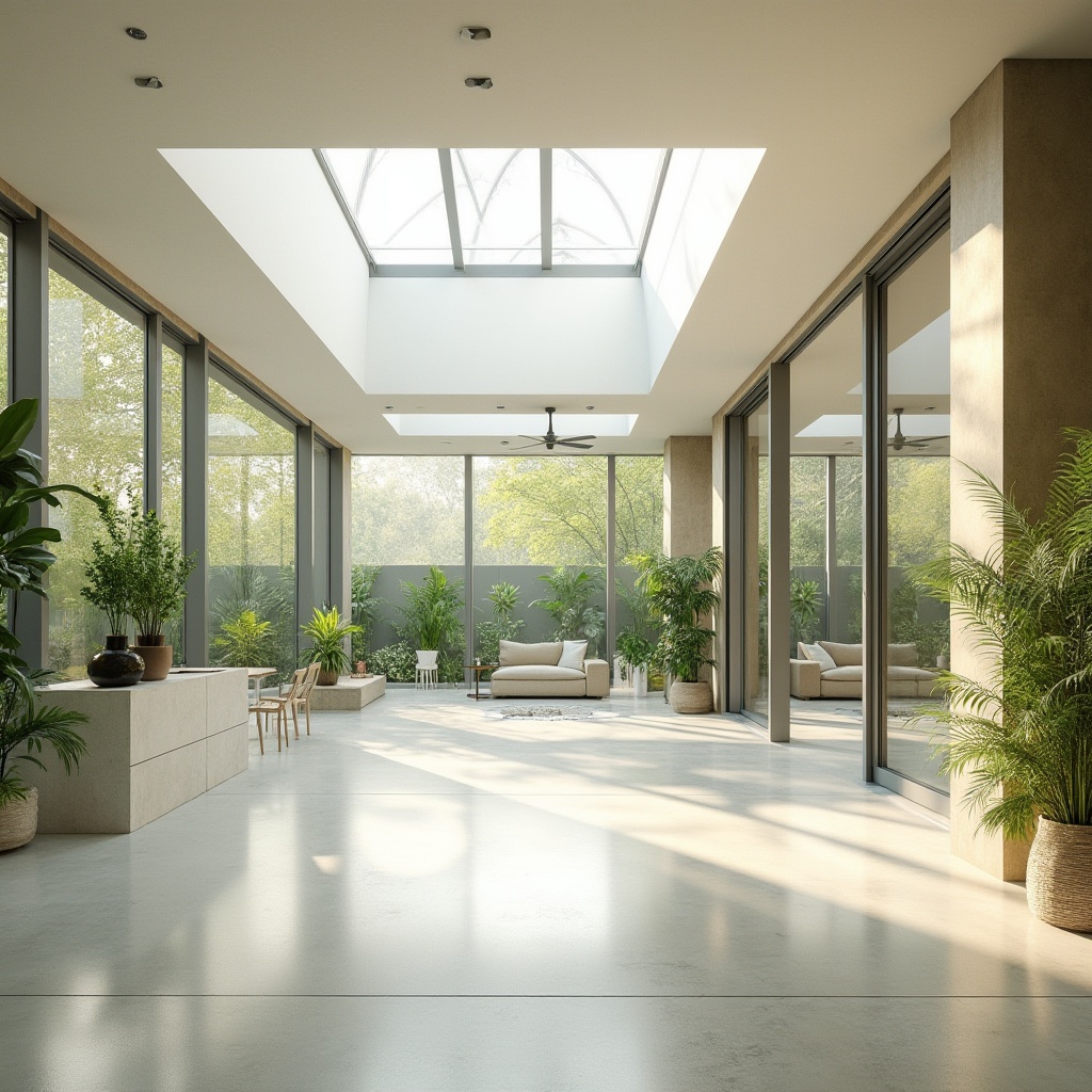 Prompt: Spacious open-plan interior, abundant natural light, floor-to-ceiling windows, sliding glass doors, skylights, clerestory windows, reflective white surfaces, minimalist decor, polished concrete floors, industrial-chic aesthetic, green walls, lush indoor plants, warm beige tones, soft diffused lighting, 1/1 composition, shallow depth of field, realistic textures, ambient occlusion.