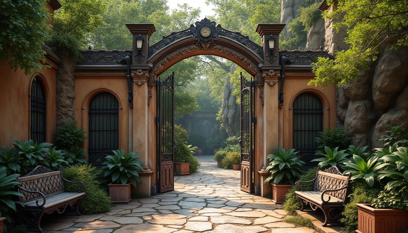 Prompt: Vintage zoo entrance, ornate iron gates, distressed stone walls, weathered wood accents, antique lanterns, lush green foliage, exotic plants, rustic wooden benches, decorative metal railings, intricate mosaics, natural rock formations, earthy color palette, warm soft lighting, shallow depth of field, 1/2 composition, realistic textures, ambient occlusion.Let me know if you need any adjustments!