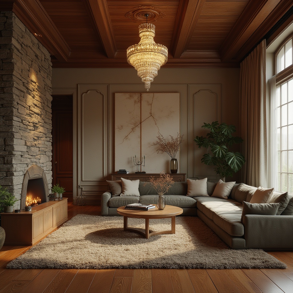 Prompt: Luxurious living room, rich wood flooring, plush area rug, comfortable velvet sofa, elegant crystal chandelier, soft warm lighting, textured stone walls, natural material accents, earthy color palette, cozy atmosphere, 3/4 composition, shallow depth of field, realistic textures, ambient occlusion.