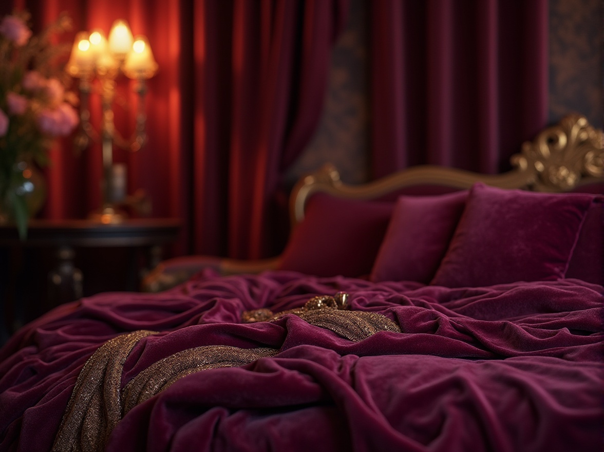 Prompt: Rich plum tones, luxurious velvet fabrics, ornate gold accents, soft candlelight, intimate ambiance, warm earthy undertones, deep berry shades, lavish jewel-toned hues, opulent textures, regal purple undertones, subtle brown nuances, dramatic shadows, moody atmospheric lighting, 3/4 composition, shallow depth of field, realistic reflections.