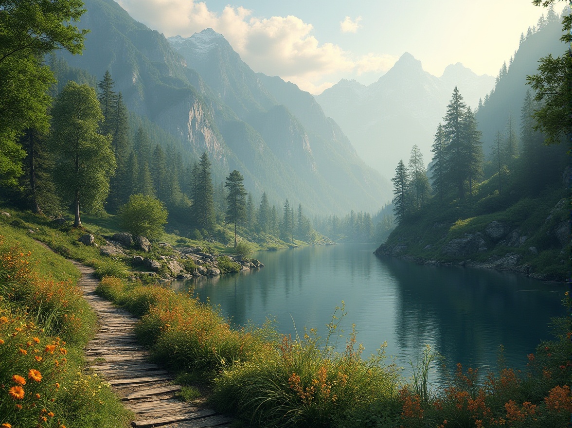 Prompt: Sweeping mountain ranges, lush green forests, serene lakeside, rustic wooden bridges, meandering stone pathways, vibrant wildflowers, rolling hills, gentle waterfalls, natural rock formations, weathered tree trunks, earthy terrain textures, misty morning atmosphere, warm golden lighting, shallow depth of field, 2/3 composition, panoramic view, realistic foliage rendering, ambient occlusion.