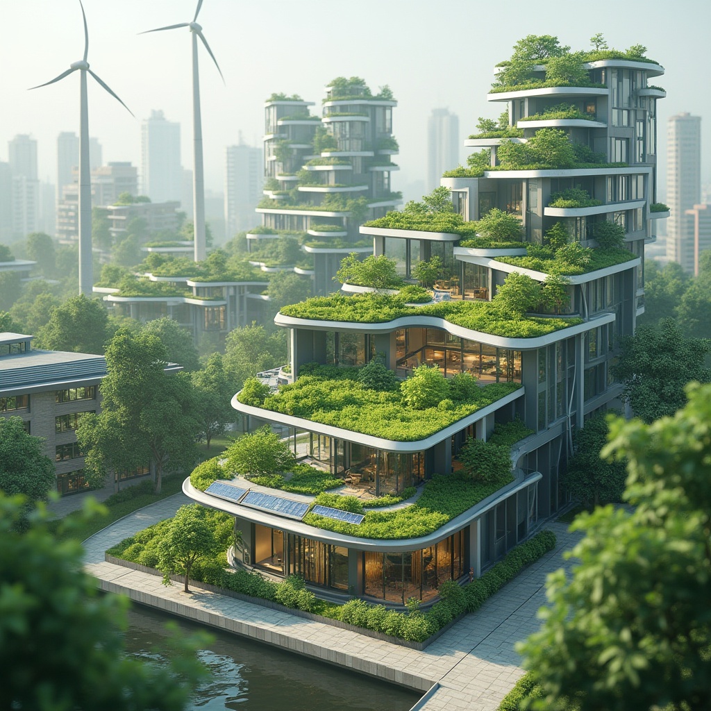 Prompt: Eco-friendly buildings, green roofs, solar panels, wind turbines, rainwater harvesting systems, recycled materials, minimal waste construction, energy-efficient appliances, natural ventilation systems, organic gardens, living walls, bio-inspired facades, futuristic architecture, sleek metal structures, transparent glass surfaces, minimalist interior design, sustainable urban planning, walkable cities, public transportation hubs, electric vehicle charging stations, renewable energy sources, zero-carbon emissions, climate-resilient design, 3/4 composition, shallow depth of field, realistic textures, ambient occlusion.