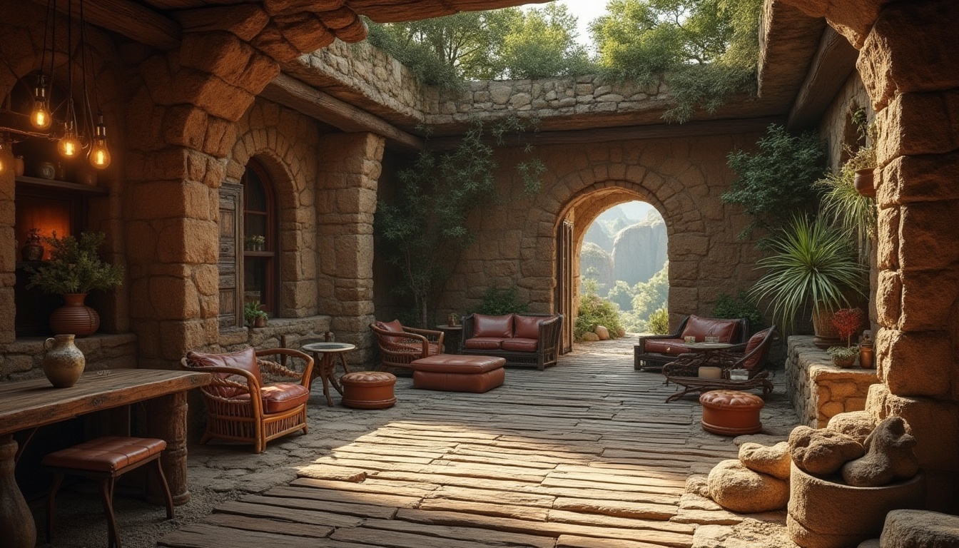 Prompt: Rustic wooden planks, weathered stone walls, distressed metal sheets, vintage leather upholstery, woven wicker furniture, intricate tile mosaics, rough-hewn rock formations, moss-covered ancient ruins, warm golden lighting, shallow depth of field, 3/4 composition, atmospheric perspective, high-contrast textures, ambient occlusion.