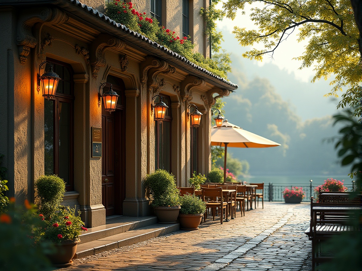 Prompt: Elegant pub facade, classic columns, ornate carvings, rustic stonework, lush greenery, overflowing flower boxes, charming outdoor seating, wooden benches, lantern-style lighting, natural stone pathways, meandering walkways, serene lake views, rolling hills, misty morning atmosphere, warm golden lighting, shallow depth of field, 1/1 composition, symmetrical framing, realistic textures, ambient occlusion.