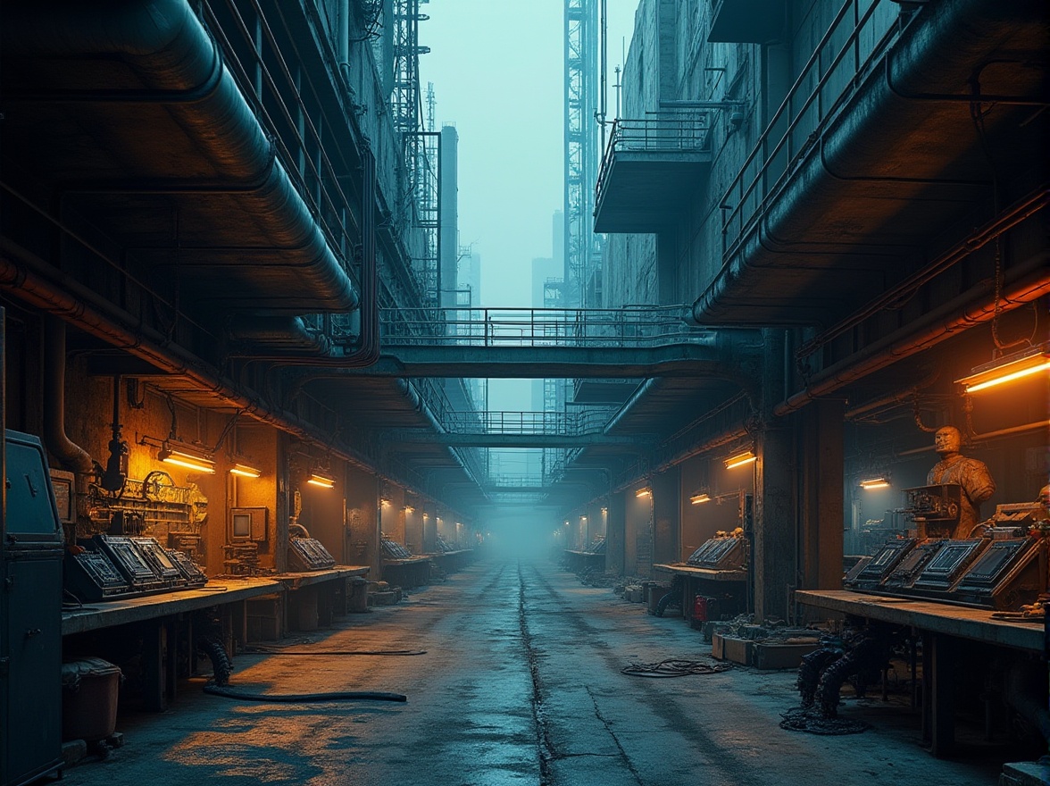 Prompt: Industrial factory backdrop, metallic machinery, neon-lit catwalks, exposed pipes, futuristic control panels, robotic assembly lines, steel beams, concrete floors, urban cityscape, smoggy atmosphere, warm orange lighting, deep blue accents, bold yellow highlights, gritty textures, realistic wear and tear, 1/1 composition, low-angle shot, cinematic mood.