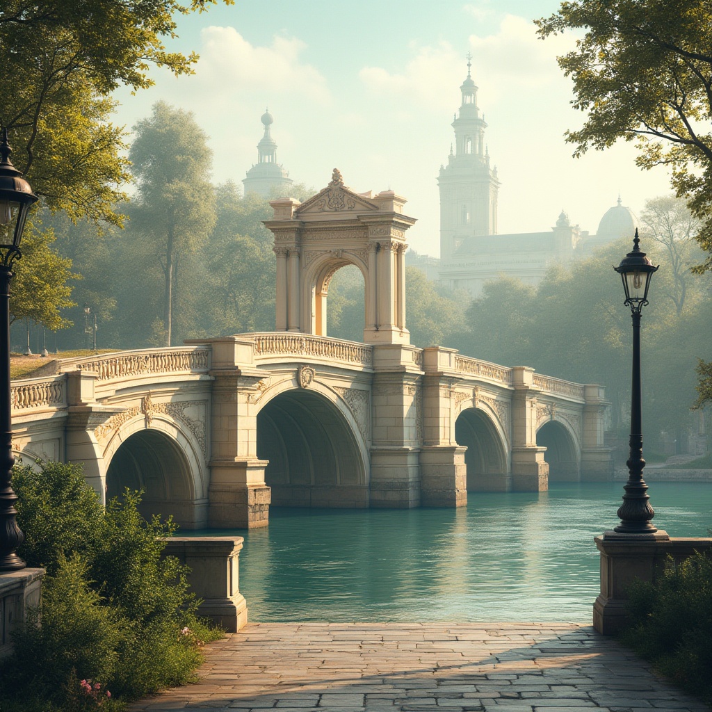 Prompt: Majestic neoclassical bridge, creamy white stone arches, ornate golden accents, rich brown wooden railings, soft mint green foliage, serene river water, warm sunny day, gentle misty atmosphere, subtle gradient lighting, detailed textures, realistic reflections, 1/2 composition, slight Dutch angle, ornamental lampposts, elegant pedestrian paths, historic architectural details.