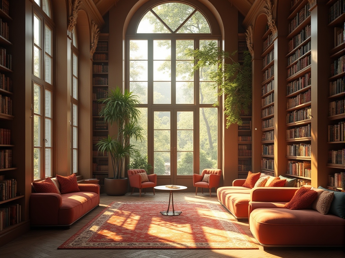 Prompt: Cozy library atmosphere, abundant natural light, floor-to-ceiling windows, wooden bookshelves, comfortable reading nooks, plush carpets, warm color schemes, soft gentle lighting, minimalist decor, elegant architectural design, sophisticated interior styling, calm peaceful ambiance, morning sunlight, afternoon warmth, evening serenity, subtle shadows, nuanced textures, 1/1 composition, realistic rendering, atmospheric perspective.