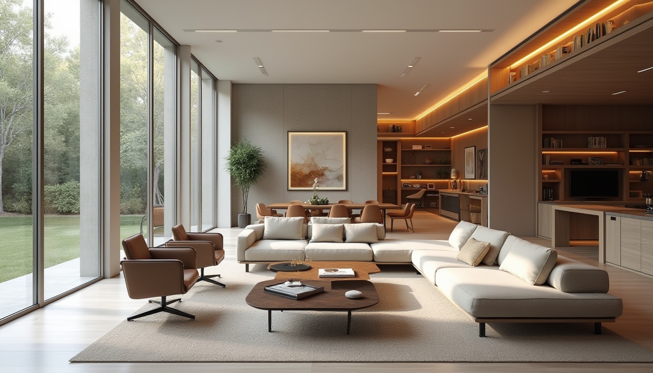 Prompt: Modern living room, minimalist decor, comfortable sofas, sleek coffee tables, floor-to-ceiling windows, natural daylight, soft warm lighting, recessed shelves, decorative wall art, functional storage units, ergonomic chairs, spacious layout, open-plan design, 1/1 composition, shallow depth of field, realistic textures, ambient occlusion.