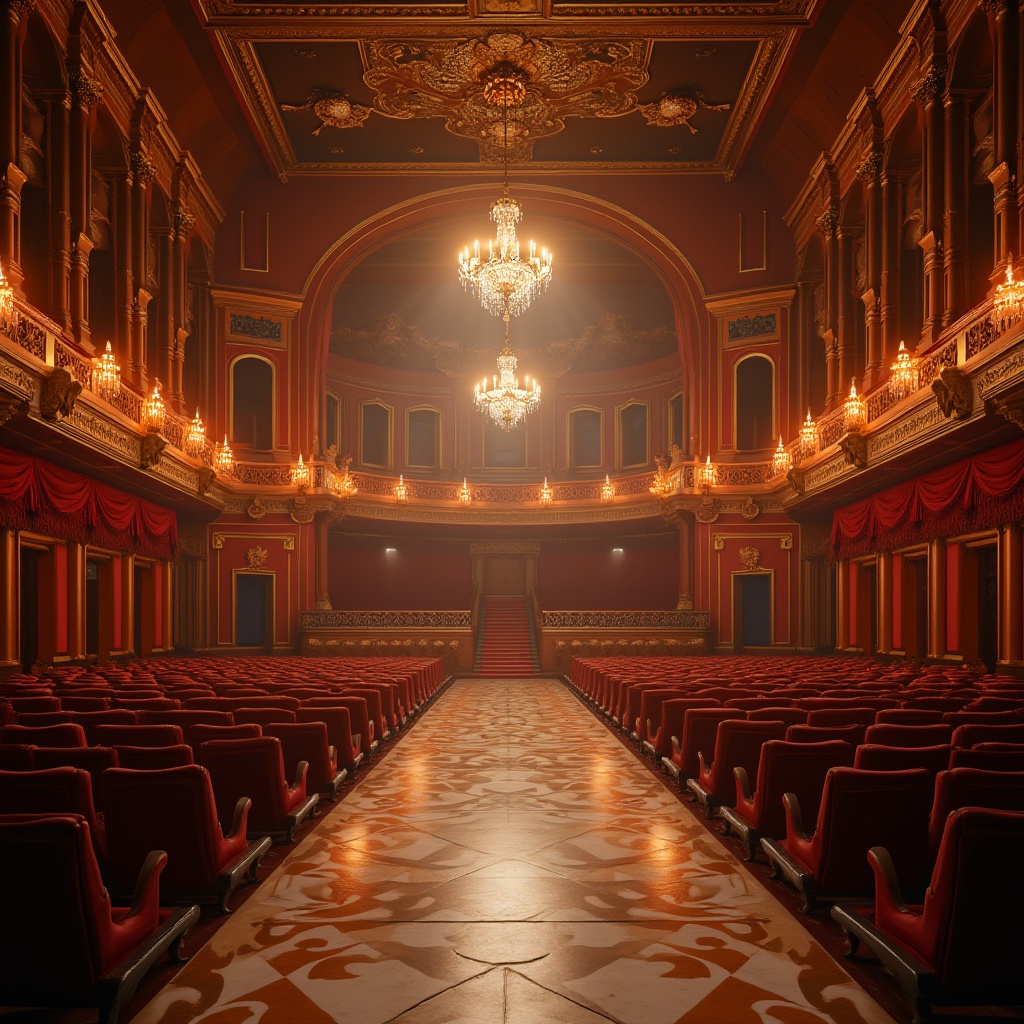 Prompt: Vibrant cultural hub, ornate concert hall, grand entrance arches, sweeping staircases, rich wood tones, luxurious velvet drapes, crystal chandeliers, polished marble floors, dramatic spotlights, warm golden lighting, shallow depth of field, 2/3 composition, cinematic views, realistic textures, ambient occlusion.