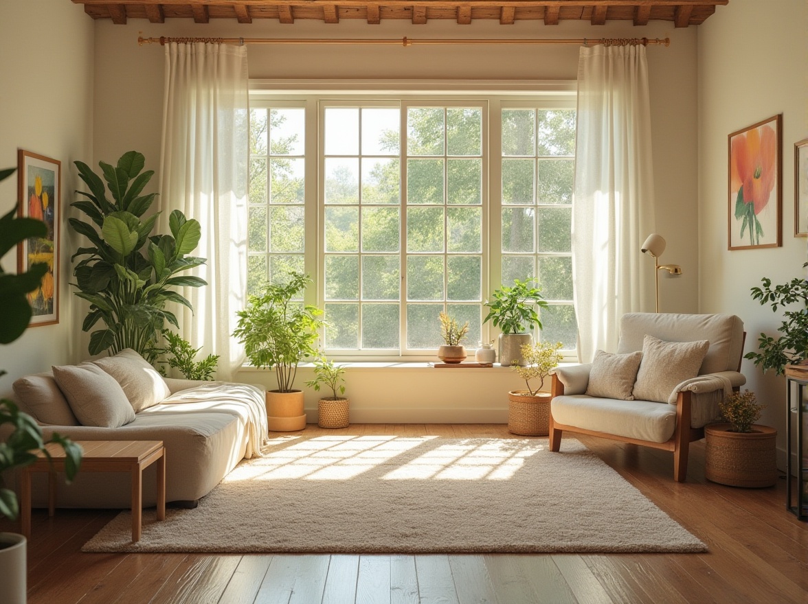 Prompt: Cozy living room, large windows, soft warm natural lighting, subtle shadows, energy-efficient solutions, eco-friendly materials, sustainable design, minimalist decor, cream-colored walls, wooden floors, comfortable seating, lush greenery, blooming flowers, vibrant colors, ambient occlusion, shallow depth of field, 3/4 composition, panoramic view, realistic textures.