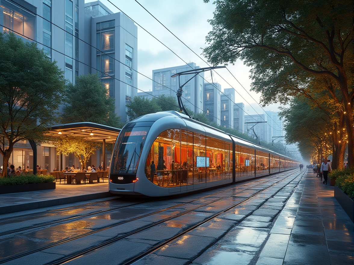 Prompt: Futuristic tram station, curved glass facade, dynamic LED lighting, sleek metal framework, minimalist design, sustainable energy solutions, solar panels, green roofs, eco-friendly materials, innovative cooling technologies, shaded outdoor spaces, misting systems, vibrant colorful textiles, intricate geometric motifs, urban cityscape, busy street scene, rush hour atmosphere, soft warm lighting, shallow depth of field, 3/4 composition, panoramic view, realistic textures, ambient occlusion.