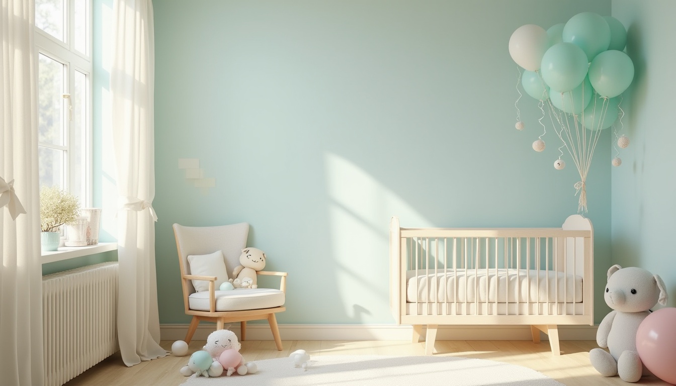 Prompt: Soft baby blue walls, creamy white trim, gentle beige floors, delicate lace curtains, vintage wooden cribs, plush toys, pastel-hued balloons, airy nursery atmosphere, natural light pouring in, warm softbox lighting, shallow depth of field, 1/1 composition, intimate close-up shots, subtle texture overlays, calming ambiance.